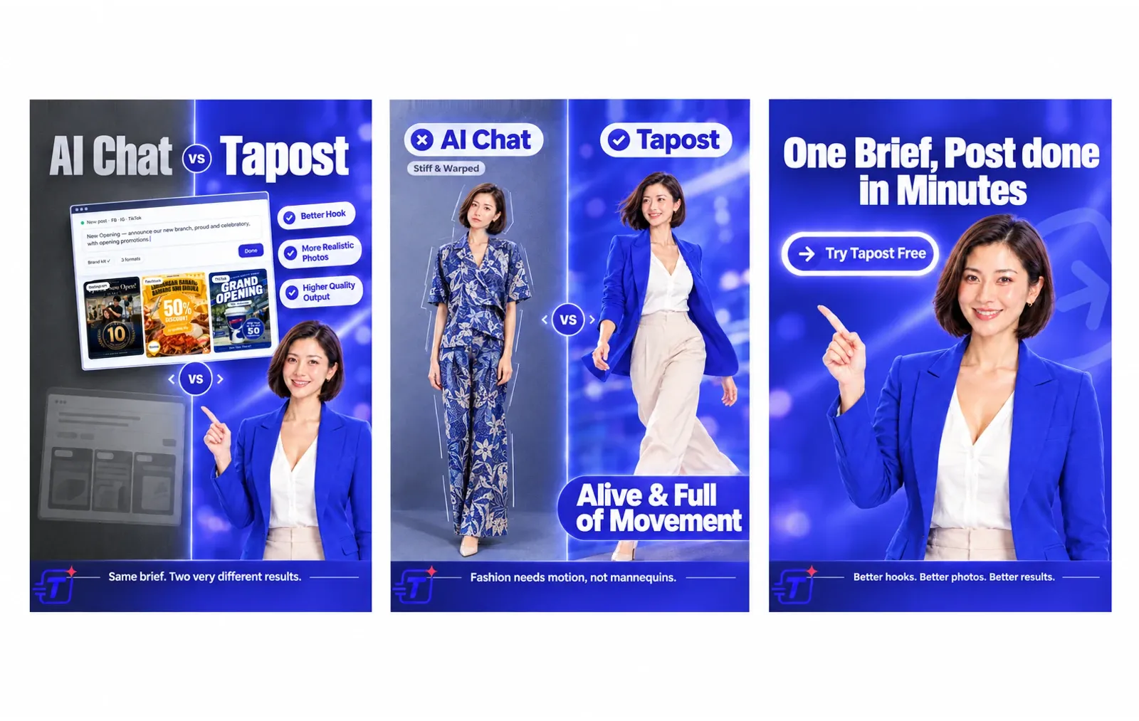 A three-panel promo made with Tapost, with the same woman in each: her beside a Tapost project, an “AI Chat vs Tapost” side-by-side of her, and a “One Brief, Post done in Minutes” closer