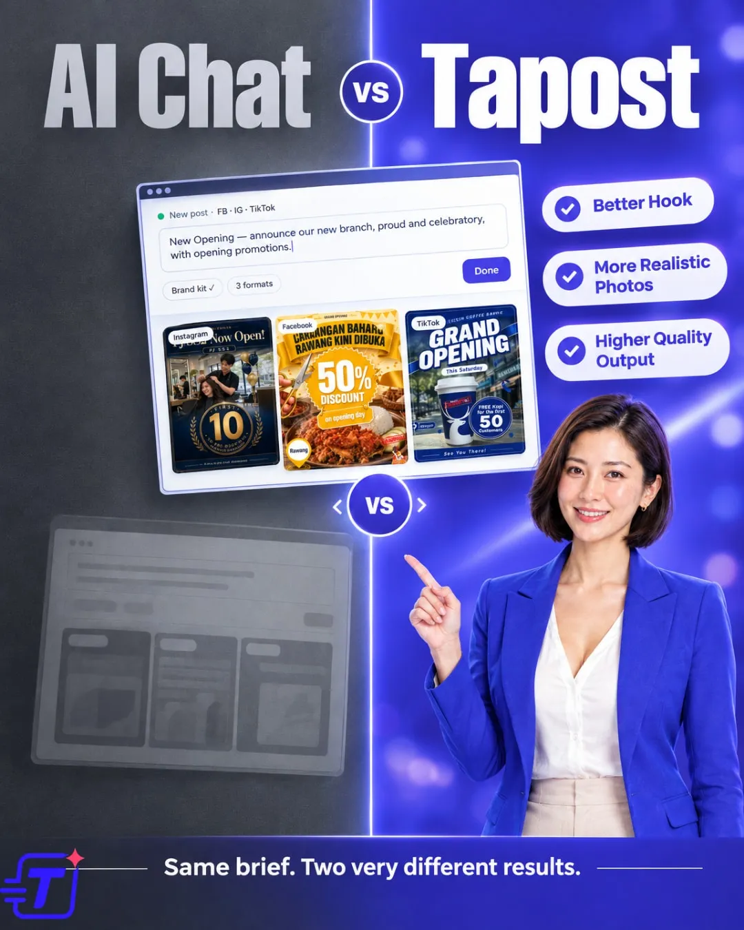 AI chat vs Tapost: same brief, very different results, Instagram post